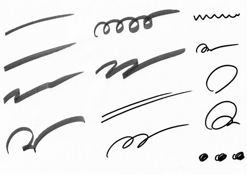 黒のマジックやサインペンで描かれた手書きのライン・落書き素材セット・アナログ感のある筆致のアンダーラインと波線