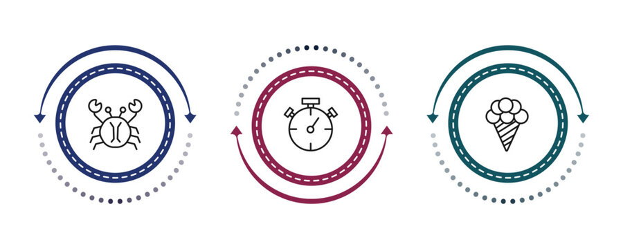 outline travel icons set - crab, stopclock, icecream. editable vector for web and mobile ui