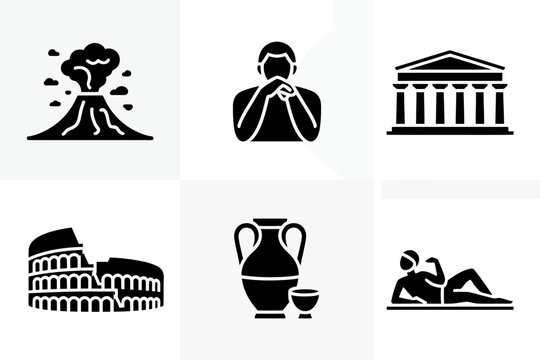 Black and white icons of volcano person building colosseum vase and woman