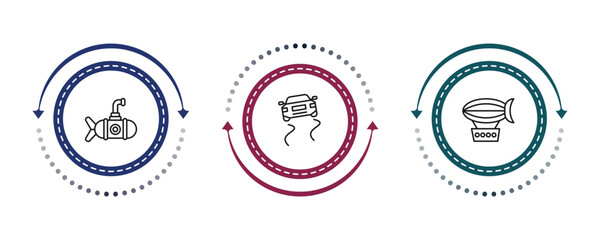 outline transportation icons set - small submarine, slippy road, zeppelin. editable vector for web and mobile ui © IconArt
