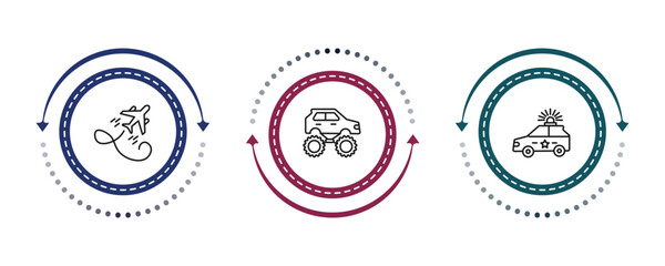 outline transportation icons set - flying airplane, monster truck, police car. editable vector for web and mobile ui © IconArt