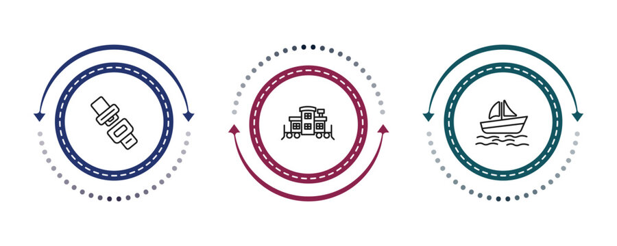 outline transportation icons set - seatbelt, caboose, pt boat. editable vector for web and mobile ui