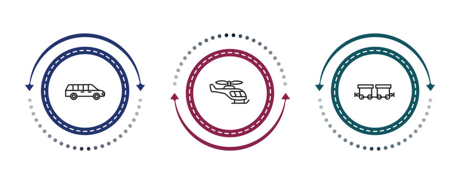 outline transportation icons set - long car, small helicopter, wagon. editable vector for web and mobile ui