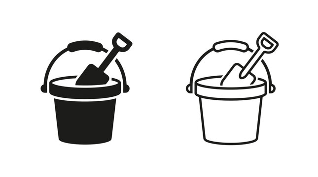 sand bucket with shovel icon black and white line art