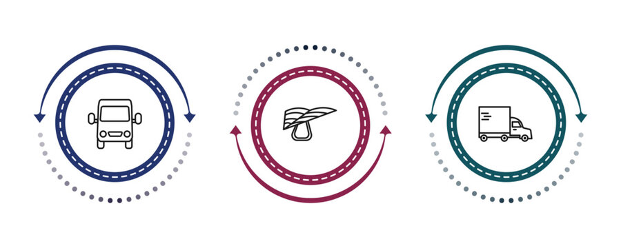 outline transport icons set - van front view, hang glider, heavy vehicle. editable vector for web and mobile ui