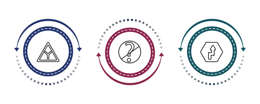 outline traffic signs icons set - y intersection, no doubt, right reverse bend. editable vector for web and mobile ui