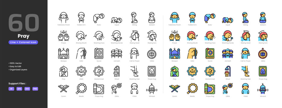 Islamic pray icon set collection - colored outline line art style. Takbir arm crossed ruku sujood tashahhud salam Allah prophet Muhammad bath praying hands rinse mouth ablution washing face arms