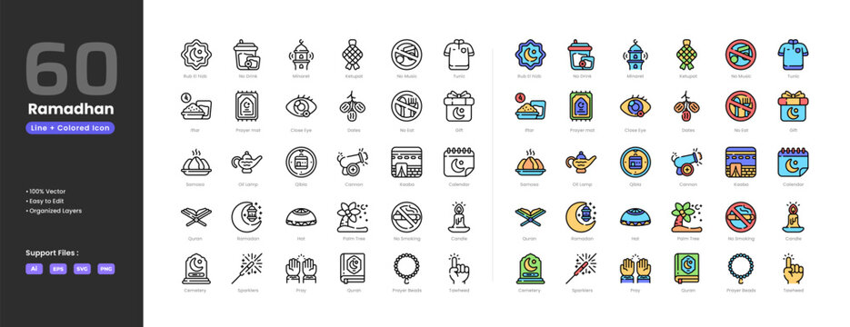 Ramadan icon set collection - colored outline line art style. Crescent moon no drink minaret ketupat no music tunic iftar prayer rug close eye dates no eat gift samosa oil lamp qibla cannon kabaa