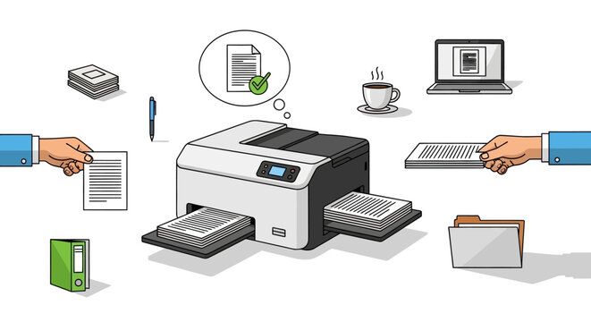 Office printer with hands exchanging documents in a modern workspace