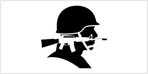 Obraz premium Silhouette of Soldier in Helmet with Rifle