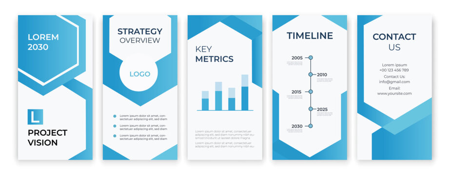 Corporate presentation layout template set with blue geometric hexagon shapes, infographics bar chart, timeline roadmap, and clean minimalist business design.