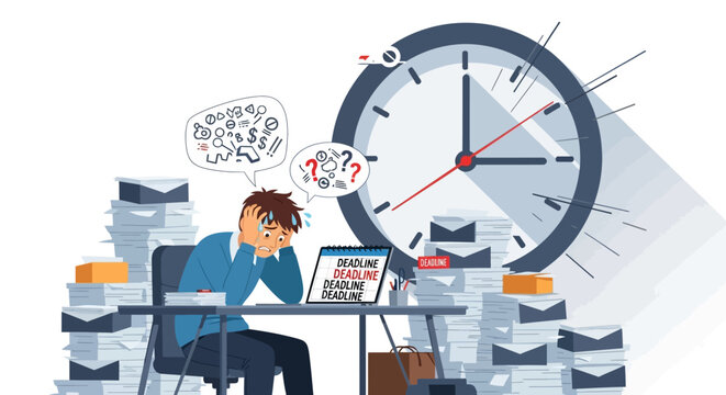 Frustrated Employee Overwhelmed with Paperwork and Deadline Pressure