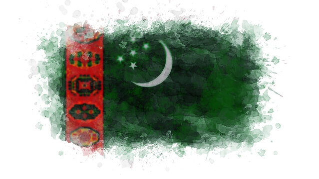 The flag of Turkmenistan is depicted with a watercolor splash effect, showcasing its green field, carpet guls, and crescent moon.