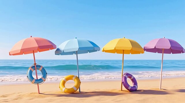 Colorful beach umbrellas and lifebuoys