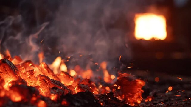 Burning Red Orange Charcoal Briquettes Emitting Smoke And Bright Sparks In A Dark Industrial Setting With A Glowing Background Element