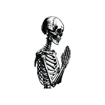 Black and white hand drawn skeleton illustration praying vintage style vector art