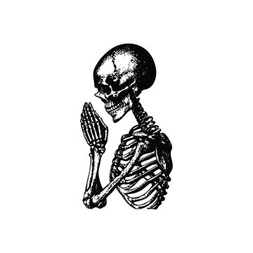 Black and white hand drawn skeleton illustration praying vintage style vector art