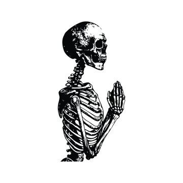 Black and white hand drawn skeleton illustration praying vintage style vector art