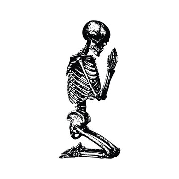 Black and white hand drawn skeleton illustration praying vintage style vector art