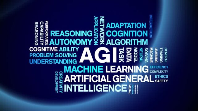 AGI Artificial General Intelligence animated word cloud-gross domestic product animation tag kinetic typography seamless loop.