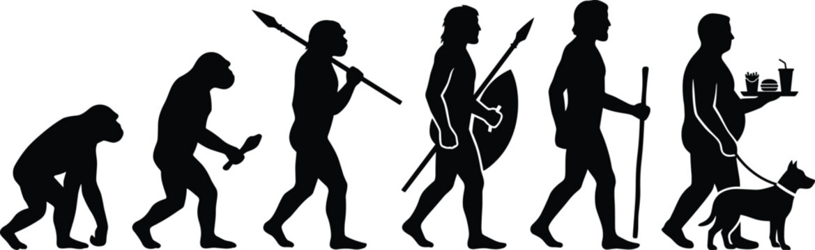 Human Evolution Silhouette Vector Illustration Showing Primitive Ape to Modern Man Walking Dog and Carrying Fast Food