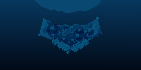 Blue wireframe handshake formed from glowing polygonal mesh against a dark background high quality professional © Nikhil
