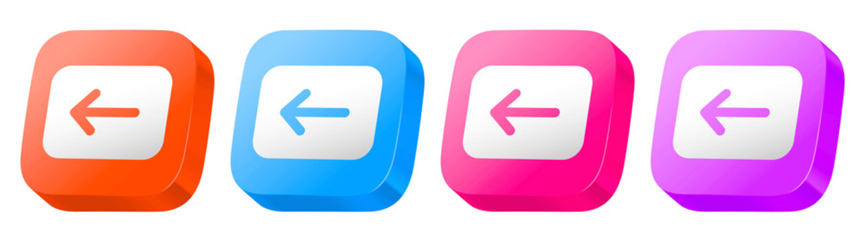 3D glossy icon set of backspace in blue, purple, pink, and orange, providing colorful elements for electronic funds management.
