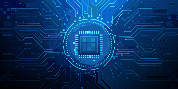 abstract circuit board background with a central glowing blue microchip and dotted ring high quality