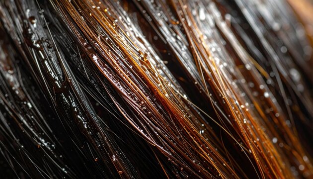 Close-up of human hair strands revealing numerous tiny white nits, the eggs of head lice, clinging firmly, illustrating a common parasitic scalp infestation