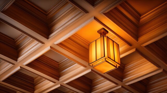 Warm illuminated coffered ceiling with intricate wooden paneling and elegant glowing lamp fixture