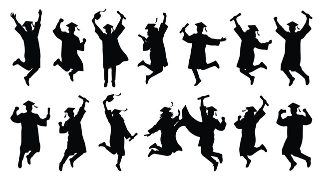 Graduation celebration silhouette set of people jumping and throwing caps isolated vector illustration