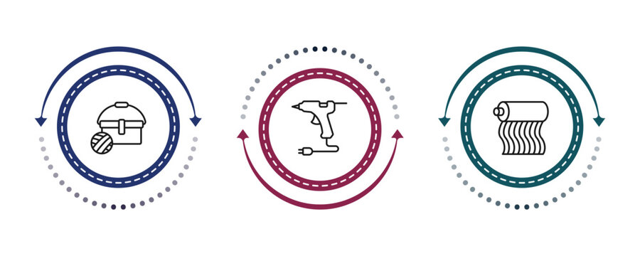 outline sew icons set - sewing basket, hot glue, fabrics. editable vector for web and mobile ui