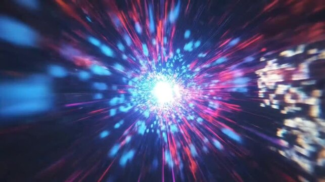 Central explosion of blue and orange light streaks in space.