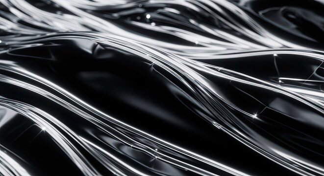 Sleek black glossy liquid metal waves undulate with shimmering bright lines, creating Abstract Background Concept Design