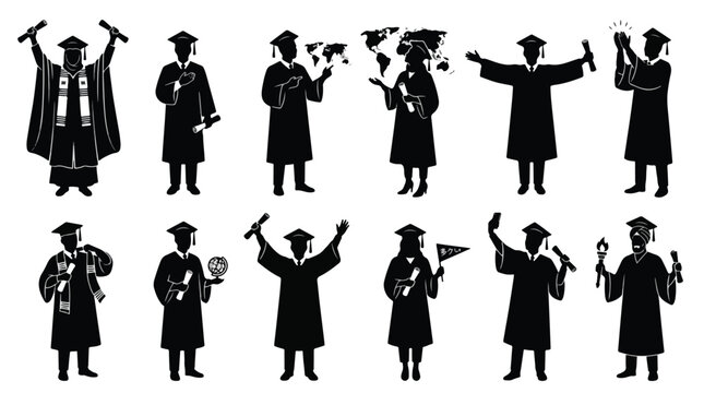 Graduation icon set featuring diverse students holding diplomas editable outline vector illustration