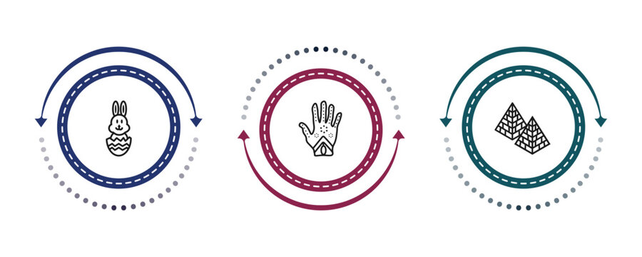 outline religion icons set - easter bunny, henna painted hand, captives to egypt. editable vector for web and mobile ui