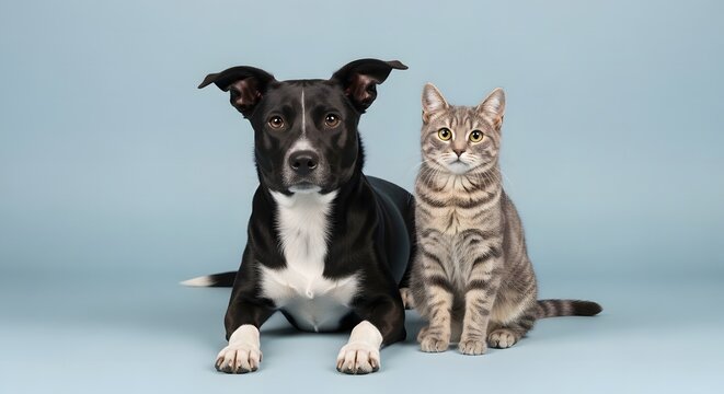 Friendly dog and cat sitting together on blue background