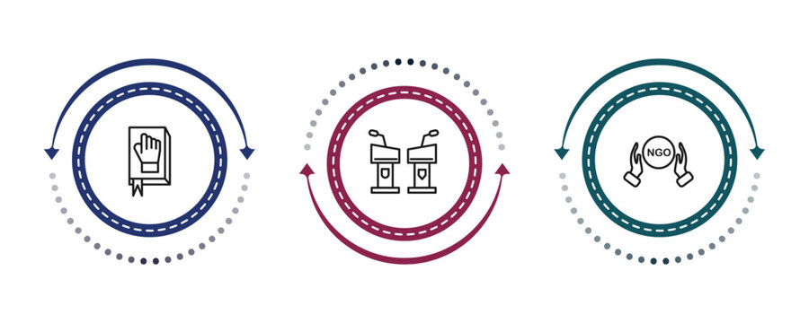 outline political icons set - oath, debate, ngo. editable vector for web and mobile ui