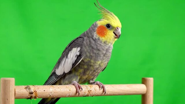 A beautiful cockatiel green screen perched on a wooden stand, cockatiel chirping happily against a vibrant green