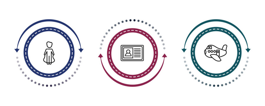 outline people icons set - playing with a rope, identification pass, aviation. editable vector for web and mobile ui