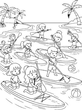 Children enjoying stand up paddleboarding in tropical sea