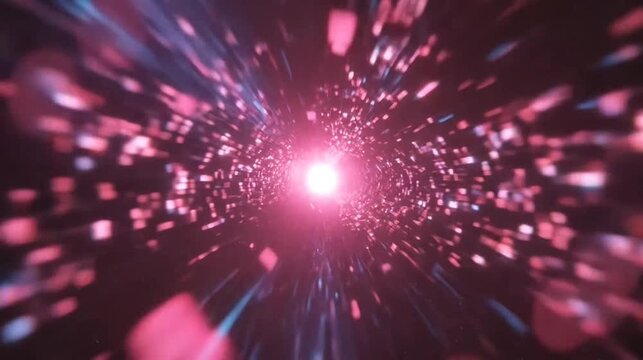 Central light explosion with blue and red streaks in deep cosmos.