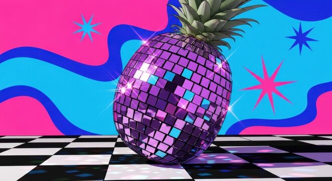 Disco Pineapple Party: A retro-themed graphic featuring a pineapple adorned with mirror balls, set against a vibrant, wavy background and a checkered dance floor, perfect for a lively celebration.