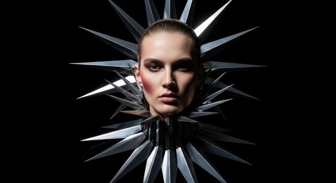 Avant-garde Style Icon: A striking portrait of a woman adorned with a dramatic, spiky metallic collar and headpiece, her gaze intense against a stark black backdrop.