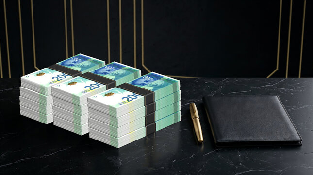 Stacks of Israeli Shekel Banknotes on Luxury Desk with Black Wallet and Gold Pen ? Wealth and Business Finance Concept