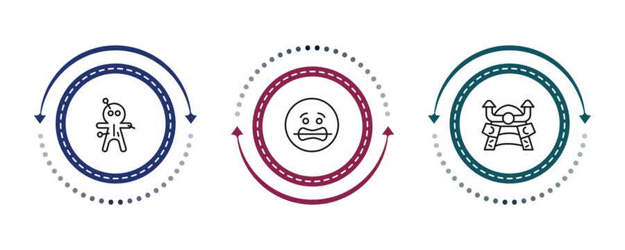 outline other icons set - voodoo puppet, scared smile, samurai head of japan. editable vector for web and mobile ui