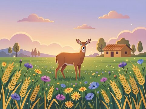 Gentle Deer Standing in a Vibrant Wildflower Meadow at Sunrise