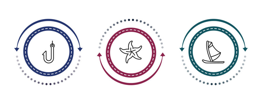 outline nautical icons set - fishing hook, starfish, windsurf board. editable vector for web and mobile ui