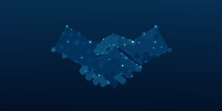 blue wireframe handshake 3d rendering of two hands shaking in a digital network high quality