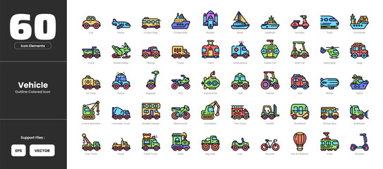 Vehicle icon set collection - colored outline line art style. Boar ambulance atv bicycle monster truck blimp bulldozer bus cable car concrete ship double decker bus excavator fire truck food truck © Yumagema